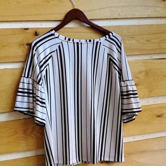 LAST CHANCE Worthington White Black Striped Sz PL Blouse Tunic w Flared 3/4 Slv - Picture 3 of 9